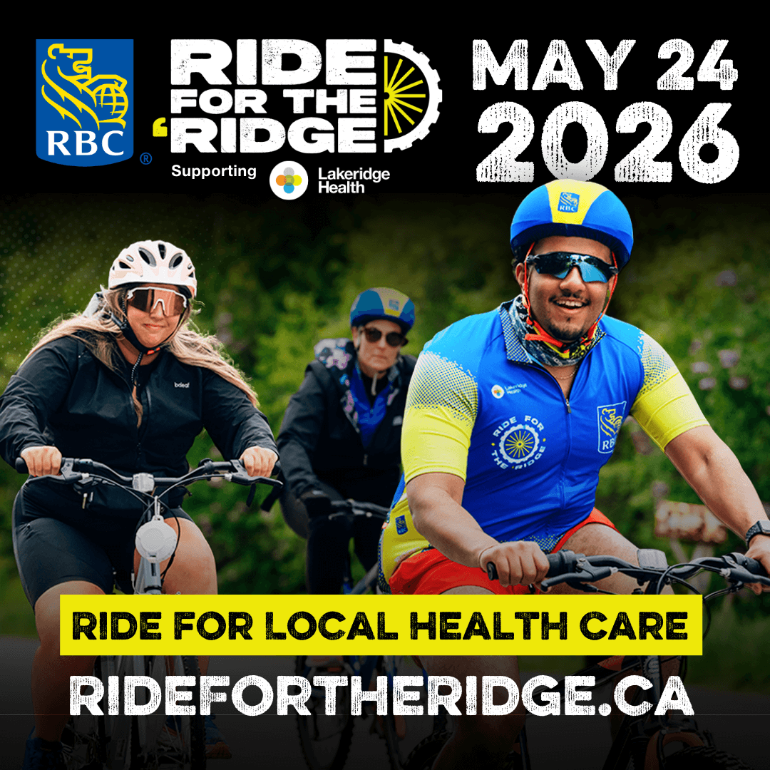 Promotional graphic for Ride for the Ridge showing three cyclists riding outdoors. Text reads Ride for the Ridge supporting Lakeridge Health May 24 2026. Ride for local health care. Ridefortheridge.ca. Logos for RBC and Lakeridge Health appear at the top.