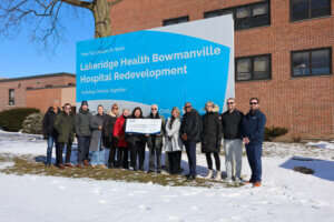 Municipality of Clarington and Bowmanville Hospital Foundation leadership gathered with a cheque for $3.75M in front of the Bowmanville Hospital.