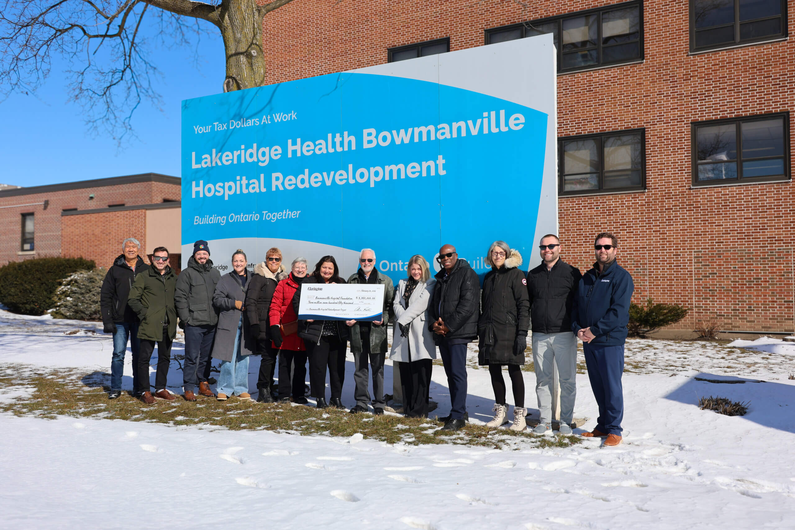 Municipality of Clarington and Bowmanville Hospital Foundation leadership gathered with a cheque for $3.75M in front of the Bowmanville Hospital.