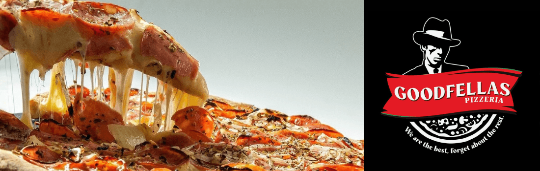 A slice of pizza being picked up and the Goodfellas Pizzeria logo.