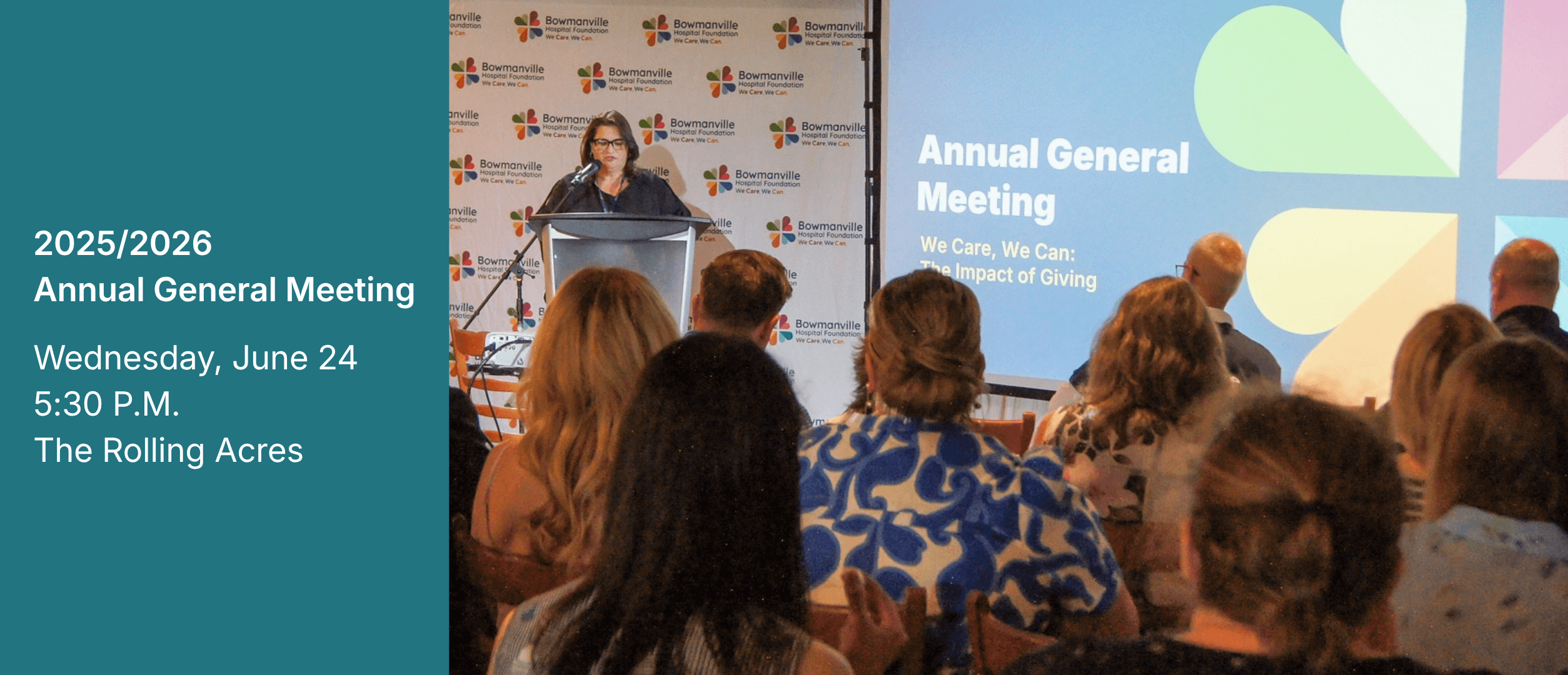 Maria Petri, Bowmanville Hospital Foundation CEO, speaking to the audience at the Annual General Meeting in 2025. Text reads: 2025/2026 Annual General Meeting. Wednesday, June 24. 5:30 PM. The Rolling Acres.