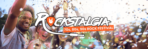 A group of people with their hands up in the air. Text reads: "Rockstalgia 70's, 80's & 90's rock festival"