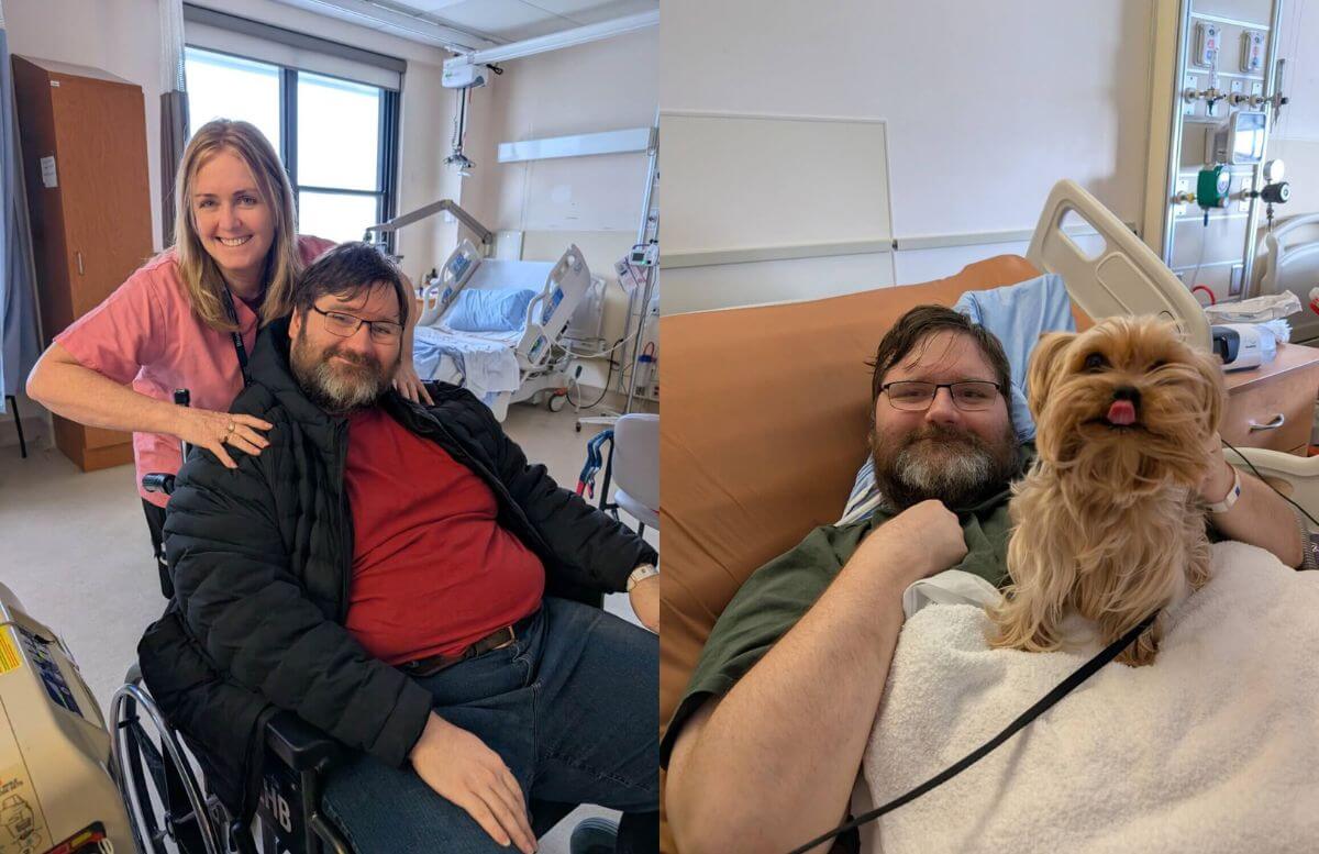 A collage of two photos: Eric with a care provider and Eric with a therapy dog in a hospital bed.