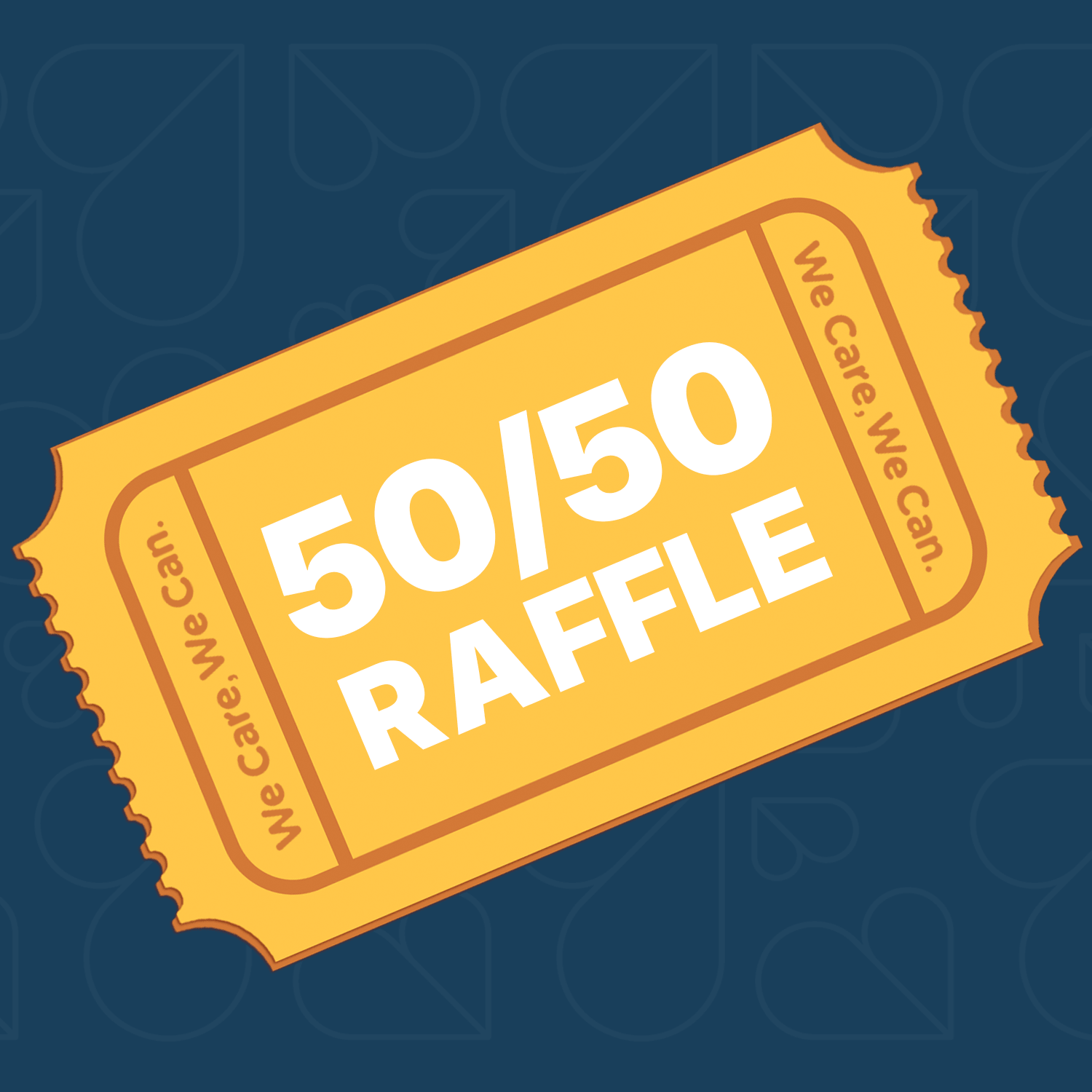 A yellow 50/50 raffle ticket on a dark blue background.