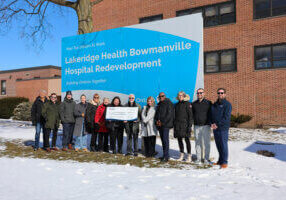 Municipality of Clarington and Bowmanville Hospital Foundation leadership gathered with a cheque for $3.75M in front of the Bowmanville Hospital.